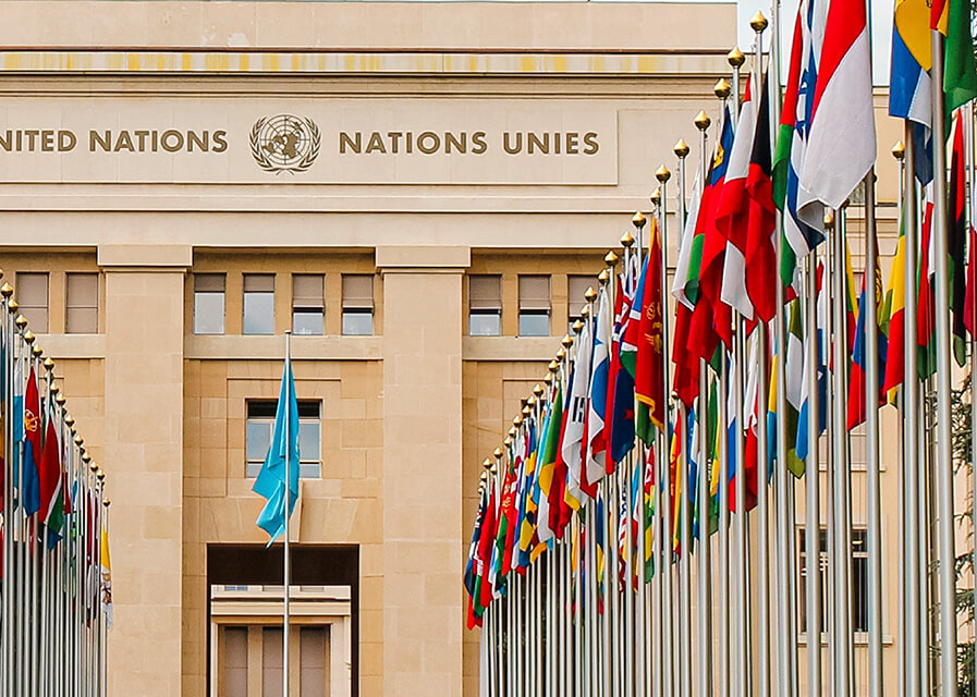 Flags in front of the United Nations building