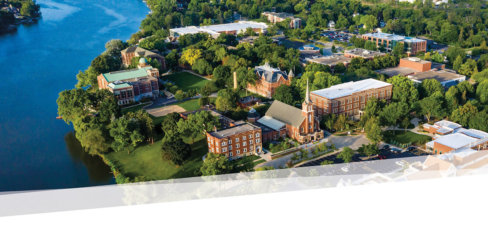 Aerial river shot of campus