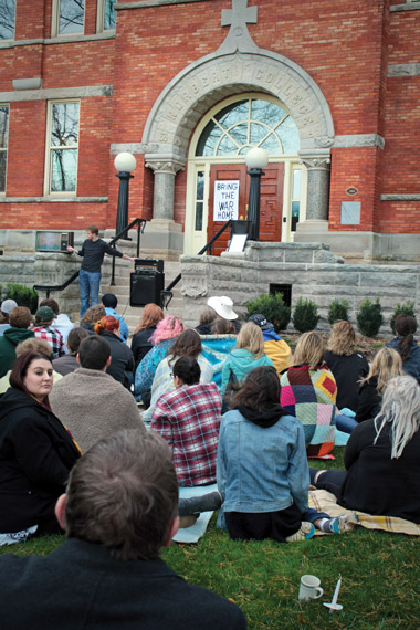 Recreated history image of students in front of Main Hall